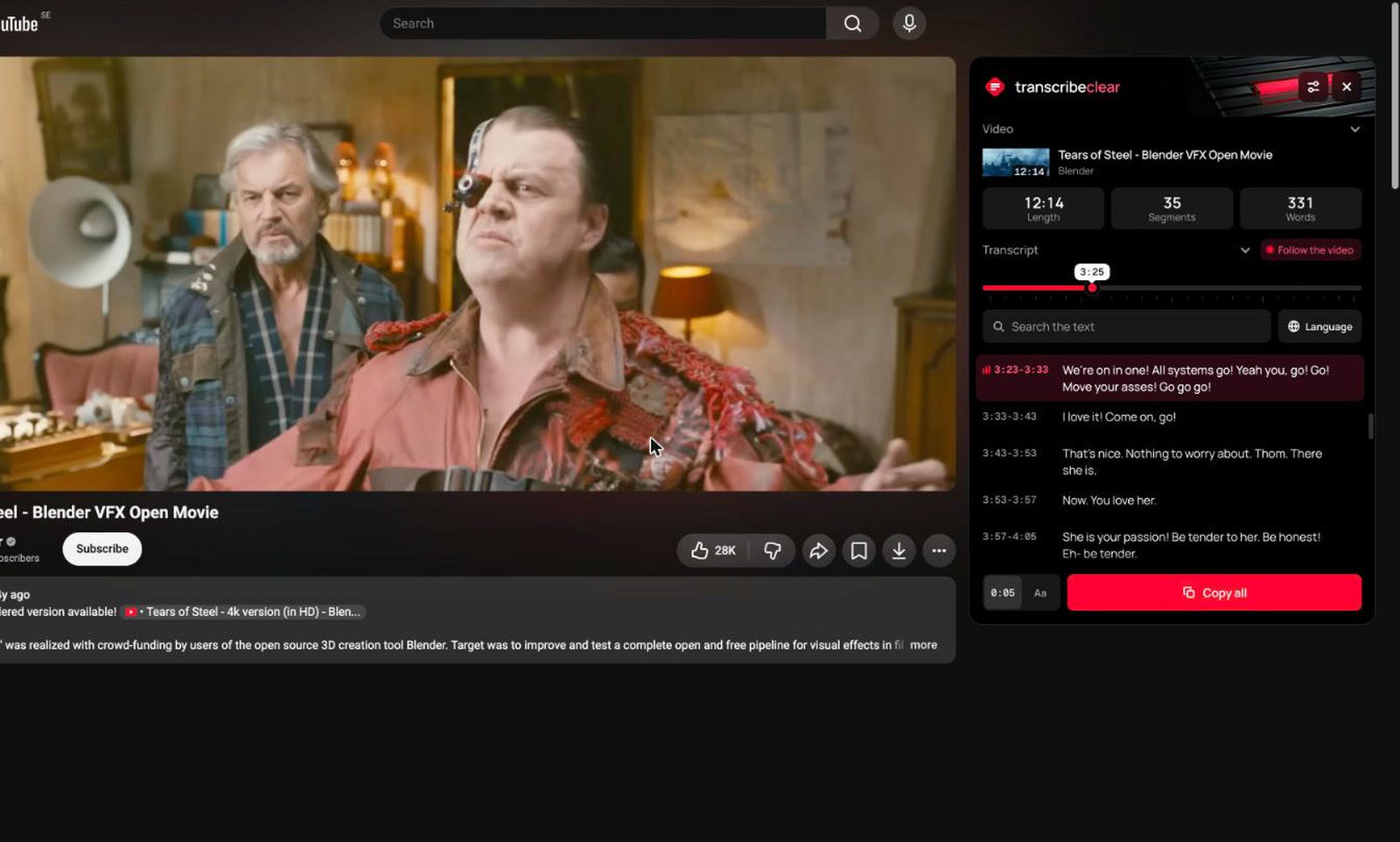 TranscribeClear panel next to a video on YouTube